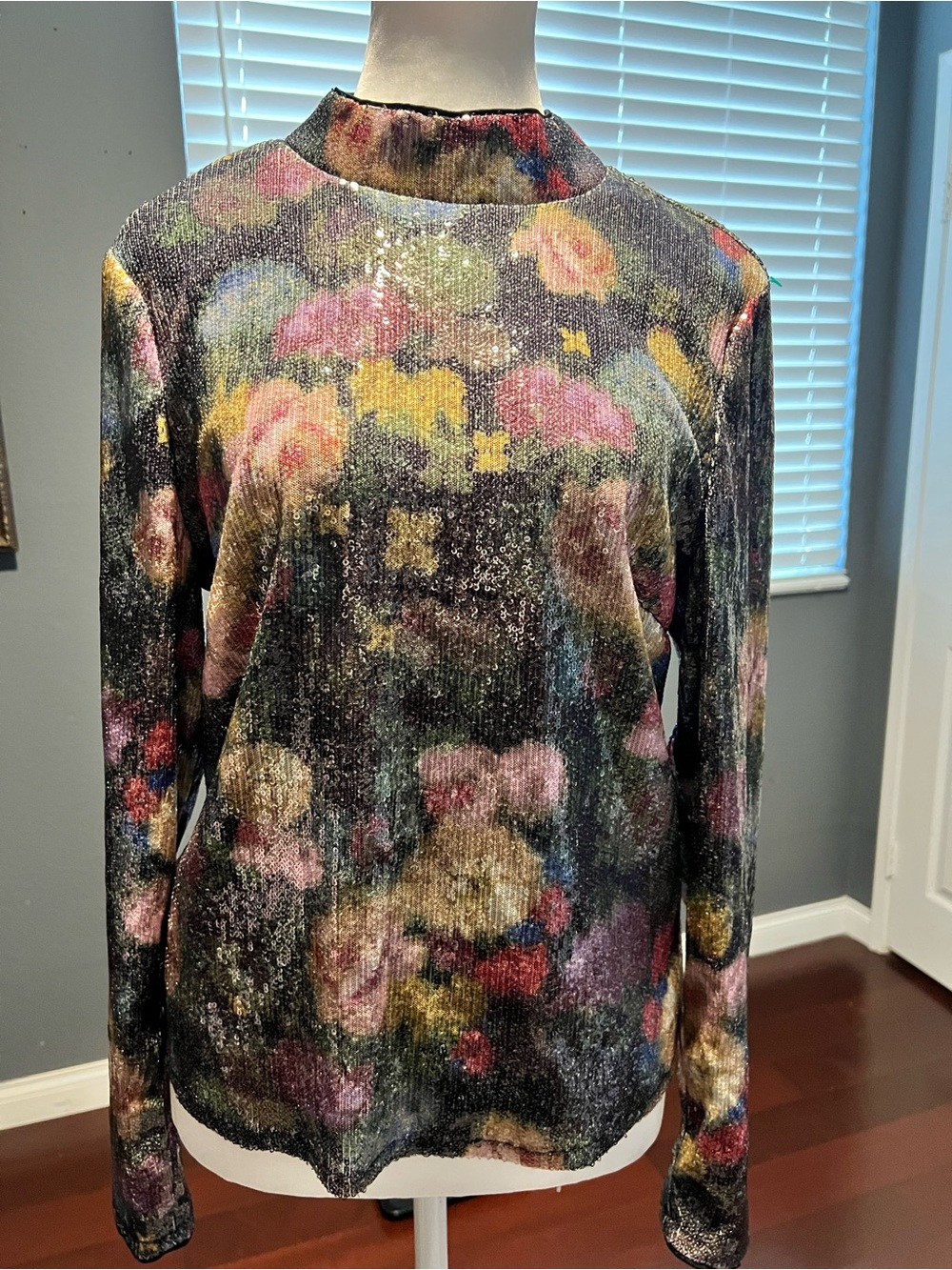 Nicole Miller Women's Floral Metallic Long-Sleeve Top - Black Multi. Size L